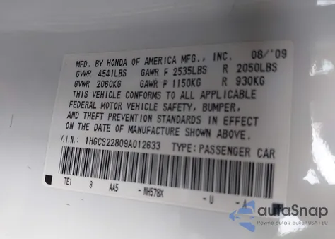 2009 Honda Accord 3.5 Ex-L from USA, damaged, VIN 1HGCS22809A012633